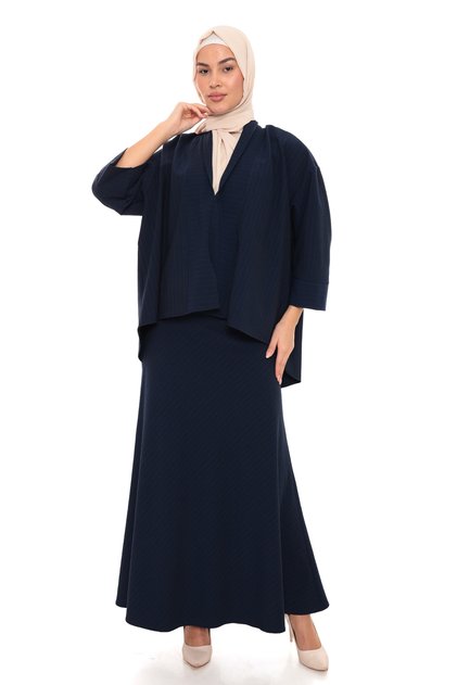 Women's Navy Blue Seersucker Fabric Skirted Top and Bottom Two-Piece Set