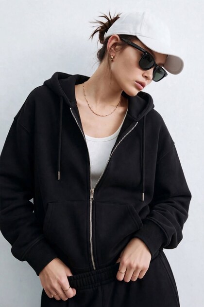 Women's Kangaroo Pocket Zipper Sweatshirt - Black