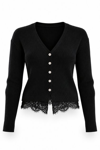 Black Cardigan with Lace Hem 2748
