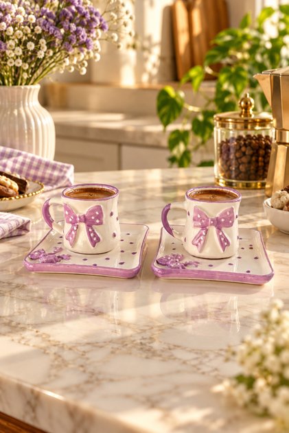 Purple Bow Patterned Ceramic Turkish Coffee Cup Set for 2 People, 4 Pieces with Embossed Square Plates, Gift Coffee Set