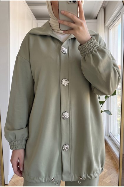 Women's Scuba Fabric Stone Button Stylish Two-Piece Set