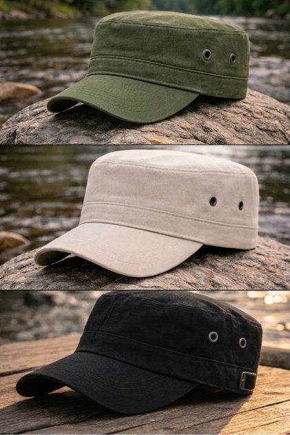 3-Pack (Beige-Black and Khaki Colors) Adjustable, Foldable, and Easy to Carry Military Model Castro Hunter/Camper Hat for Daily and Outdoor Use