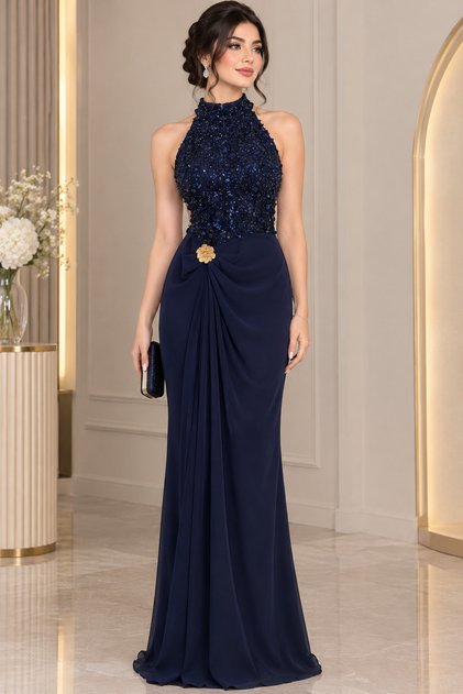Luxury Navy Blue Sequined Evening Dress with Gold Brooch