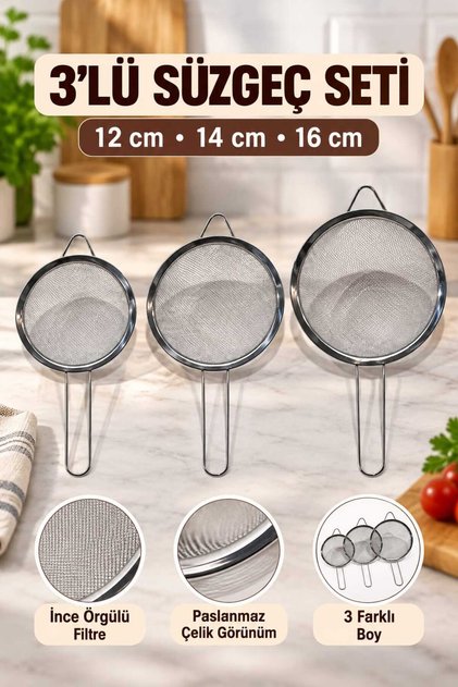 3-Piece Strainer Set 12 cm 14 cm 16 cm – Kitchen Strainer, Tea Flour Pasta Fruit Vegetable Strainer