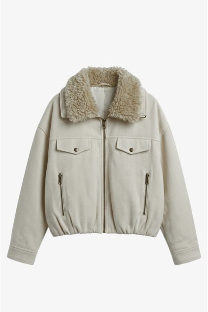 Ecru Fur Collar Herringbone Pattern Coat