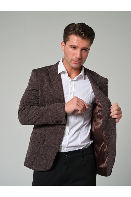 Erkek Slim Fit Blazer Ceket Kahverengi Desenli
