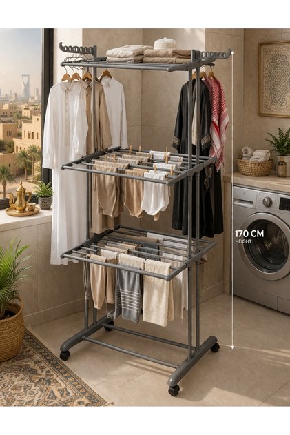 3-Tier Foldable Clothes Drying Rack with Wheels – Adjustable Width 75–126 cm, 170 cm Height Laundry Stand with Hanger Hooks, Heavy Duty Portable Garment Rack for Indoor & Balcony Use