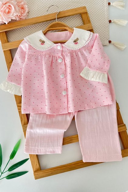 Collar Rabbit Embroidery Detailed Polka Dot Baby Girl Set of 2 - Pink