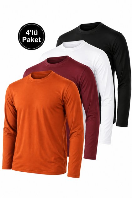 Erkek Siyah-Beyaz-Bordo-Kiremit 4'lü Paket Basic Uzun Kollu Tişört Sporcu Body T-shirt
