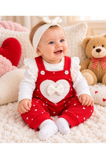 Compleu bebe fetiță roșu cu inimioare și fundiță, bluză albă și salopetă cu bretele, 2 piese