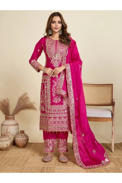 Pink Chinon Embroidered Three-Piece Suit Set - FFT102117 | Pink-Size:4XL-48-Inches