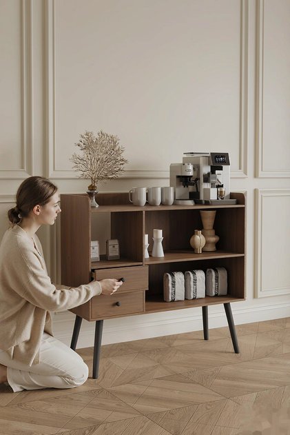 Coffee Bar Sideboard Cabinet with 2 Drawers, Walnut Buffet with Open Shelf