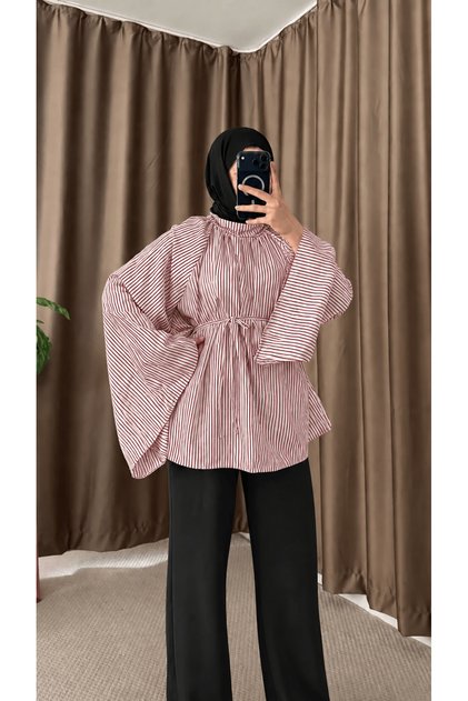 Spanish Sleeve Thin Striped Oversize Tunic Hpm - White & Burgundy