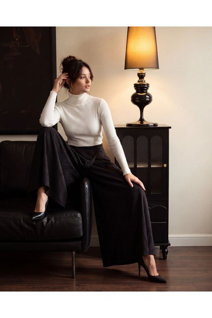Women's Black High-Waisted Skirt-Like Liyosel Flowy Wide-Leg Pants