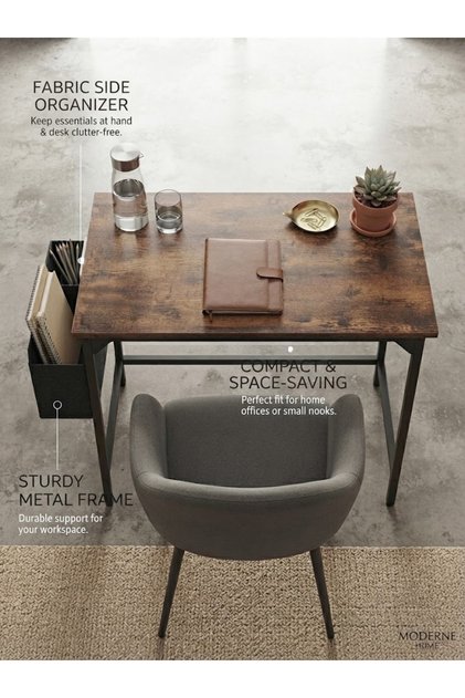 Rustic Brown Study Desk with Fabric Storage Bag, Small Computer Desk for Home Office, Industrial Laptop Writing Table with Metal Frame