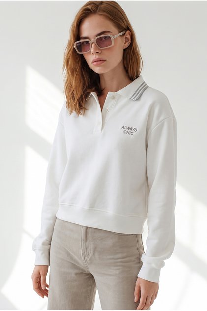 Women's White Polo Collar Embroidered Crop Sweatshirt Swt-19000818