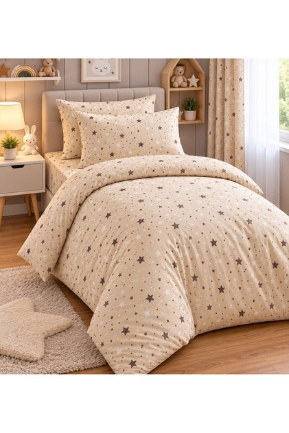 120X200 Yataklar İçin Pamuklu Yıldız Desen Çarşafı Lastikli Nevresim Takımı ( 2 Yastıklı )