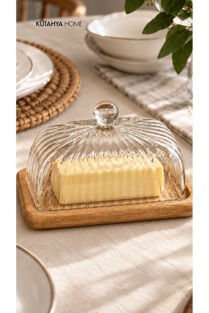 Breeze Glass Covered Butter Dish with Rectangular Wooden Look Base