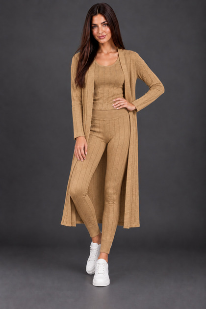 Women's Three-Piece Set Round Neck Sleeveless Blouse Open Front Long Cardigan Elastic Waist Leggings Pants Woven Detail Soft Textured Stylish Casual Camel Knitwear Set