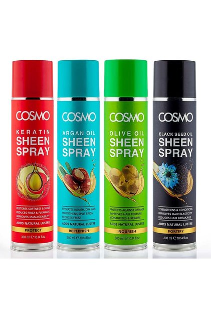 Cosmo Hair Care Instant Shine, Anti Frizz & Nourishing Gloss Kit Pack Of 4 | Keratin, Argan, Olive & Black Seed Oil Hair Spray 300ml | Lightweight & Non Greasy | For Men & Women | For All Hairs Types