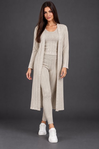 Women's Three-Piece Set Round Neck Sleeveless Blouse Open Front Long Cardigan Elastic Waist Leggings Pants Woven Detail Soft Textured Stylish Casual Beige Knitwear Set
