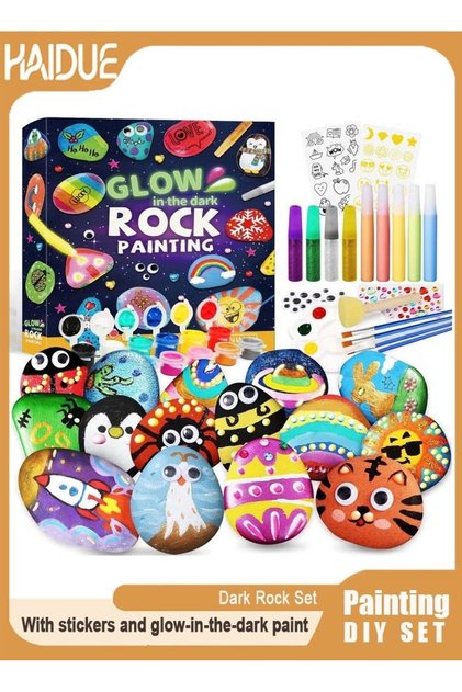 Rock Painting Kit for Kids Glow In The Dark Rock Set DIY Arts Crafts Toys for Kids Birthday Party Gifts Toys Creative Fun Activities Art Kit with 12 Rocks, 6 Metallic, 6 Standard, 5 Glow In The Dark