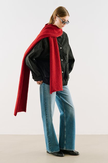 Leather Trimmed Collar Oversize Coat Black