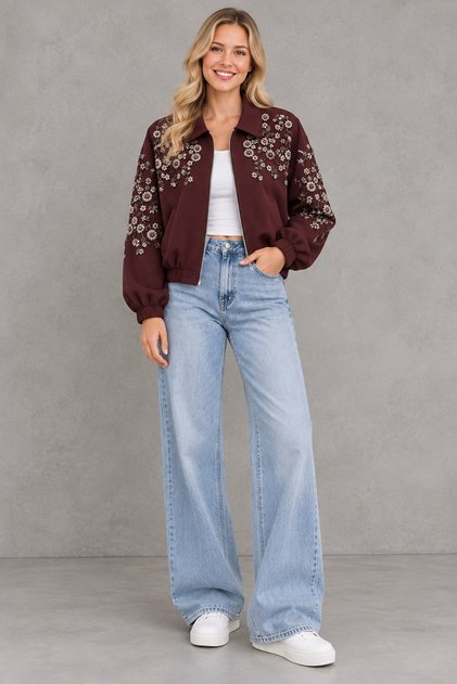 Women's Beaded Embroidered Zippered Collared Elastic Bomber Jacket