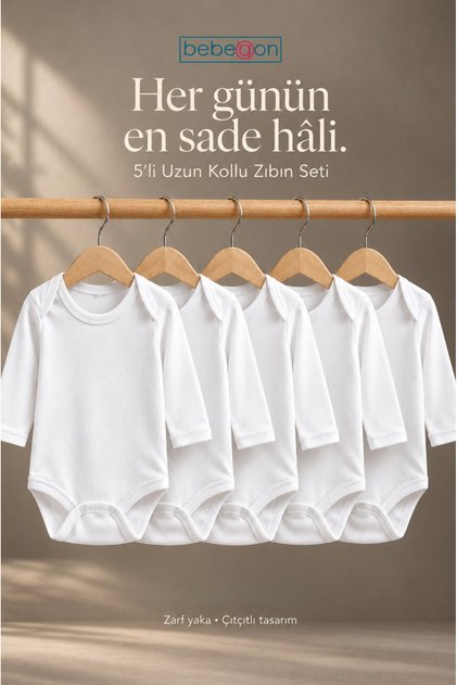 5’li Beyaz Uzun Kollu Bebek Zıbın Seti %100 Pamuk Zarf Yaka Çıtçıtlı Unisex Body