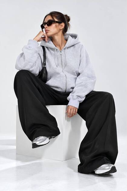 Oversize Unisex Three-Thread Ribbed Zippered Hooded Sweatshirt