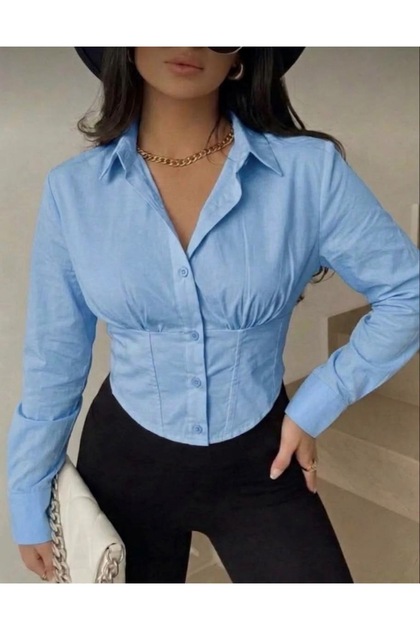 Long Sleeve Waist-Seated Corset Detail Shirt