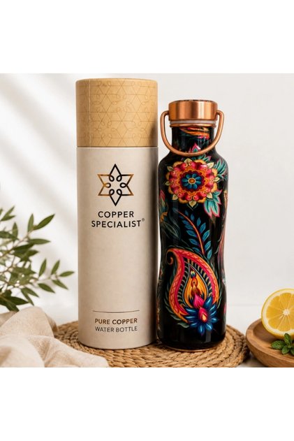 Sticlă de apă din cupru pur cu imprimeu floral – Design curbat cu mâner de transport, 1 L