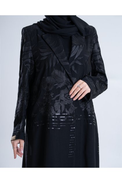Abaya Hafea with Black Embroidery on Crepe Ramie Fabric