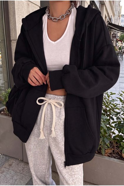 Women's Black Hooded Zippered 3 Three Thread Fleece Kangaroo Oversize Loose Cardigan Zip up Hoodie