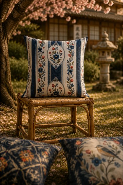 Midnight Garden Floral Stripes | Navy Blue Cream Floral Striped Decorative Throw Pillow Cover | Vintage Botanical Living Room Decor