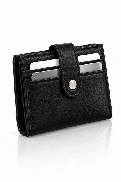 Women's Black Textured Leather Card Holder Wallet with 10 Card Compartments and Snap Closure Compact Design