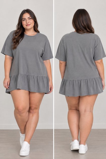 Büyük Beden Gri Kısa Kollu Volan Detaylı Mini Elbise - Tunik-Tshirt