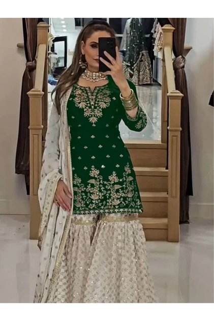 Green Faux Georgette Embroidered Sharara Suit Set with Dupatta - FFT101037 | Green-Size:M-38-Inches