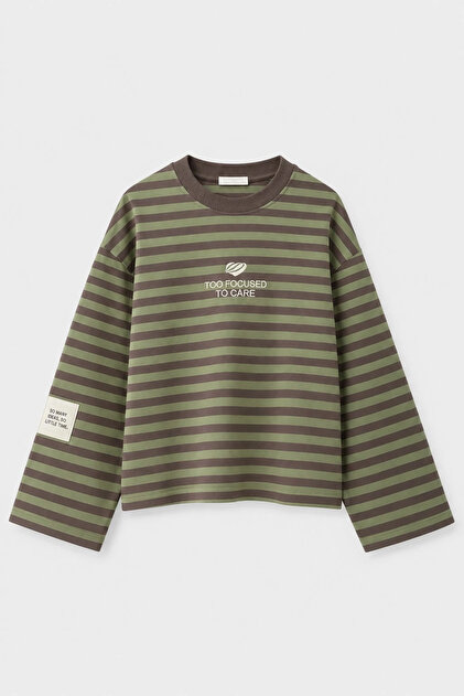 Women's Khaki Striped Three-Thread Ribbed Sweatshirt 8899