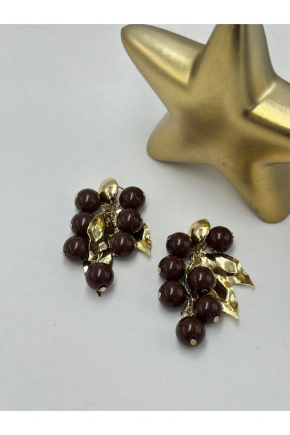 Bead and Leaf Detail Premium Earrings Brown