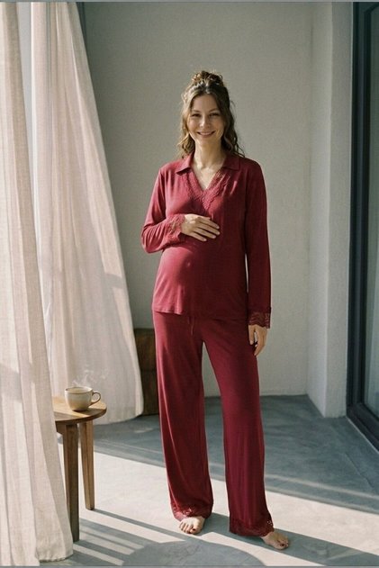 Veloria Shirt Collar Lace Embroidered Maternity and Postpartum Pajama Set