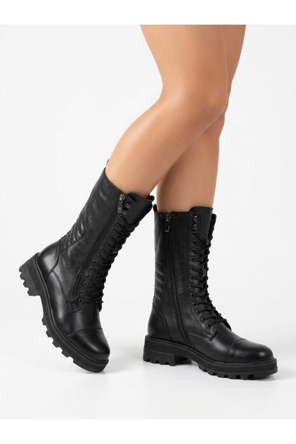 Women's Black Genuine Leather Zipper Detailed Non-Slip Sole Warm Casual Boots