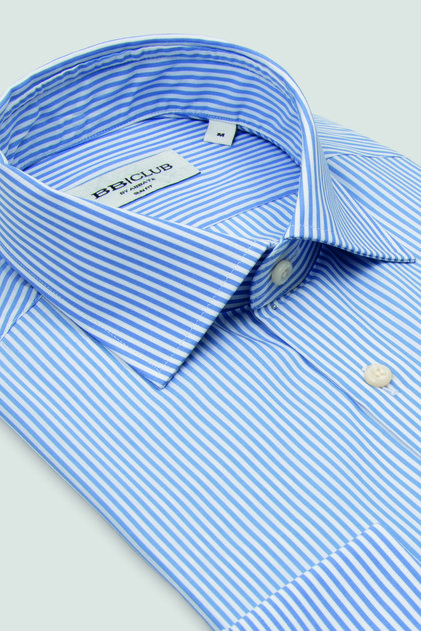 Bb Club Oscar Poplin 100% Cotton Slim Fit Light Blue Classic Collar Men's Striped Shirt