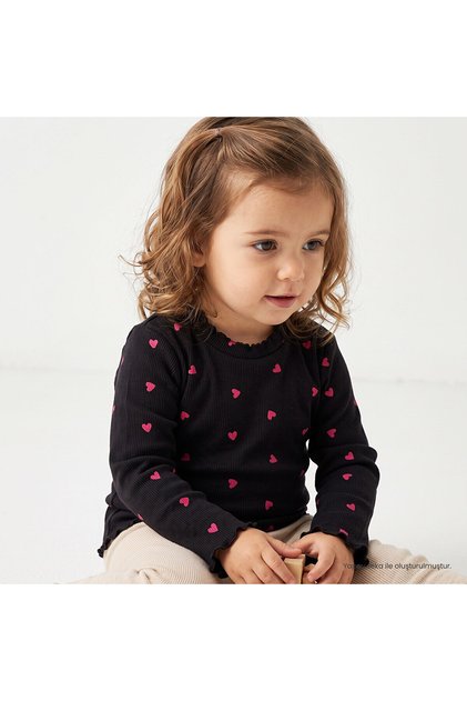 HelloBaby Kız Bebek Tişört Çiçek Baskılı Bisiklet Yaka Long Sleeve