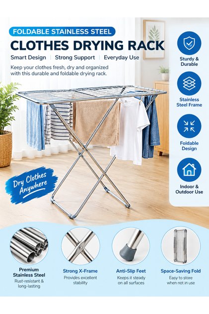 Foldable Stainless Steel Clothes Drying Rack, Portable X-Frame Laundry Stand with Spacious Wire Drying Surface, Space-Saving Collapsible Design for Indoor and Outdoor Use