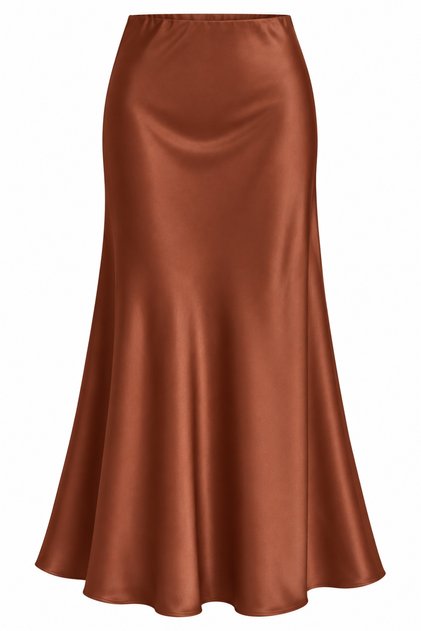 Bitter Brown Midi Length Satin Skirt with Elastic Waist - 10376