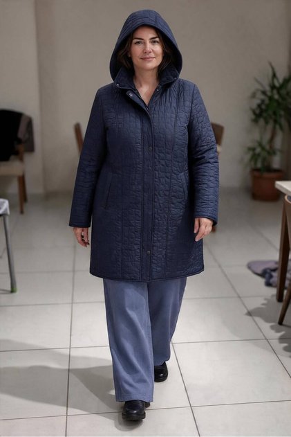 Plus Size Detachable Hooded Fur-Lined Square Quilted Patterned Coat