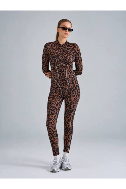 Beyaz Biyeli Leopar Desen Sculpt Line Uzun Kollu Spor Tayt Tulum