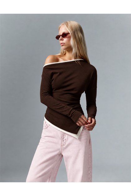 Women's Brown Ecru Contrast Piping One-Shoulder Asymmetrical Long Sleeve Viscose Ribbed Blouse