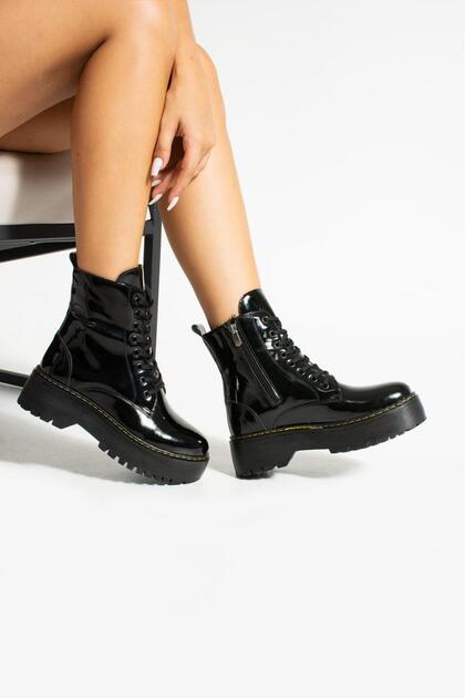 Black Thick Soled Lace-Up Patent Leather Boots